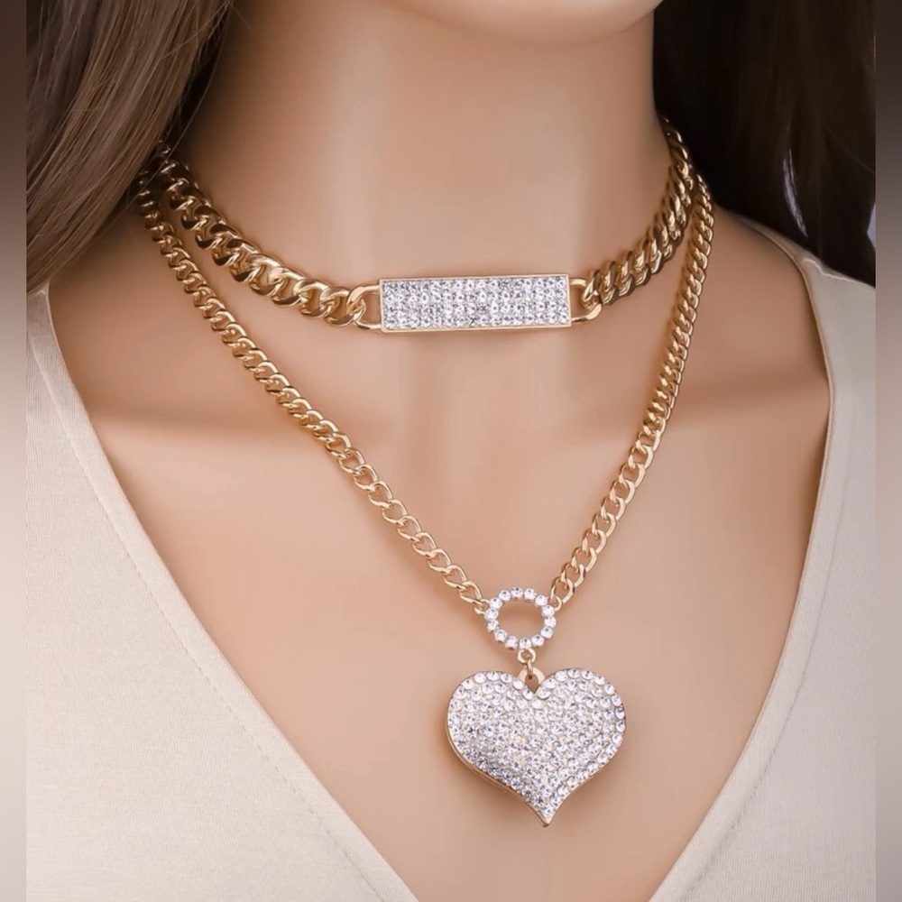 Gold rhinestone heart statement necklace - gold chain heart necklace